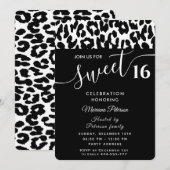 Cool Trendy zwarte witte luipaard zoet 16 Invitati Kaart (Voorkant / Achterkant)