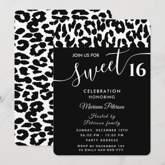 Cool Trendy zwarte witte luipaard zoet 16 Invitati Kaart (Voorkant / Achterkant)