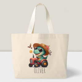 Cool Trex Dinosaurus Boer Rijden Rode Tractor Grote Tote Bag