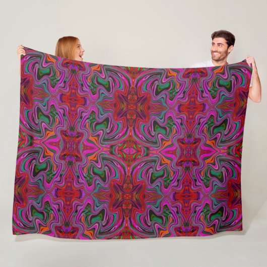 Cool Trippy Magenta, Red en Green Wavy Pattern Fleece Deken (In situ)