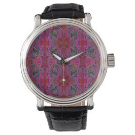 Cool Trippy Magenta, Red en Green Wavy Pattern Horloge