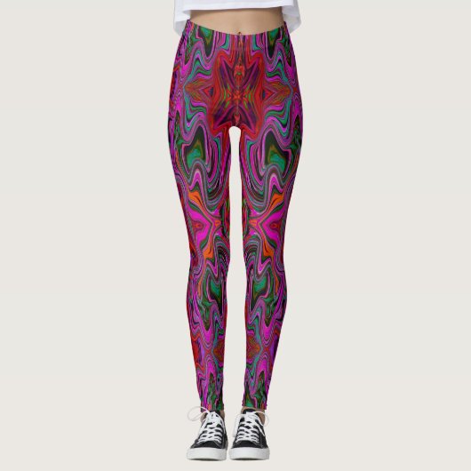 Cool Trippy Magenta, Red en Green Wavy Pattern Leggings (Voorkant)