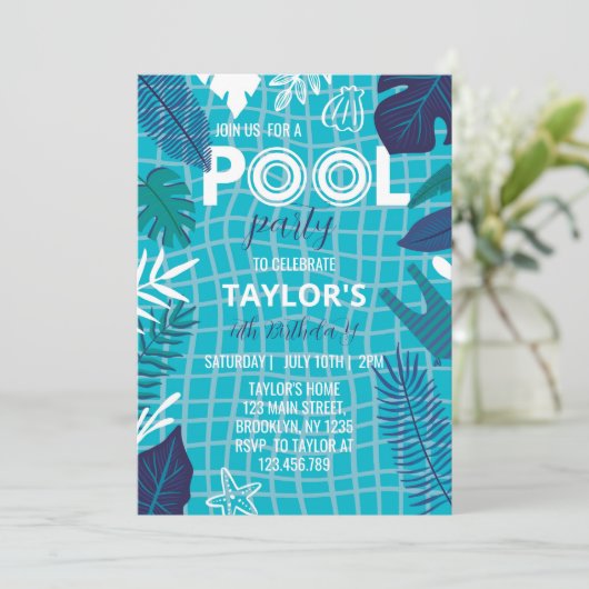 Cool Tropical Pool Jongen Verjaardag Uitnodiging (Staand voorkant)