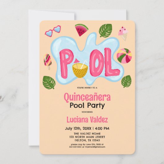 Cool Tropical Summer Pool Party Quinceañera Kaart (Voorkant)