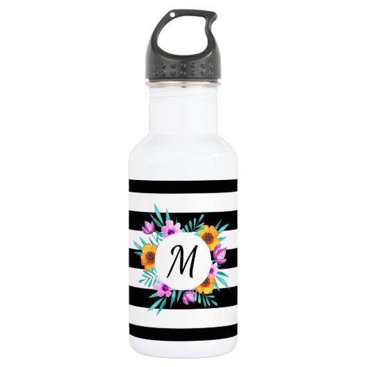 Cool Tropical Waterverf Floral Wreatmonogram Waterfles (Voorkant)