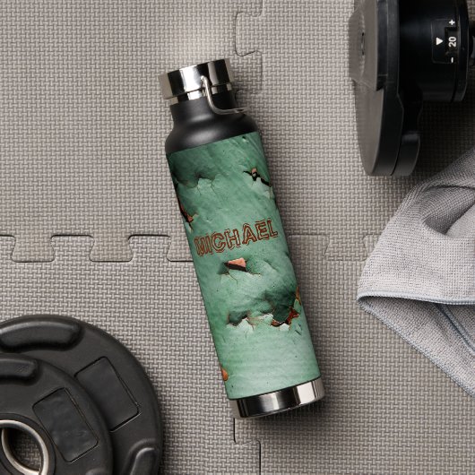 Cool turquoise brown rustmetal Jouw naam Waterfles (Gym)