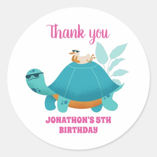 Cool Turtle and Bird Cartoon Kids Birthday Party Ronde Sticker (Voorkant)