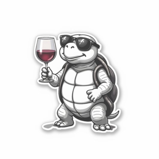 cool turtle drinking red wine art print_1 (2) sticker (Voorkant)