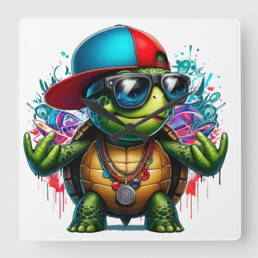 Cool Turtle Hip Hop Vierkante Klok (Voorkant)