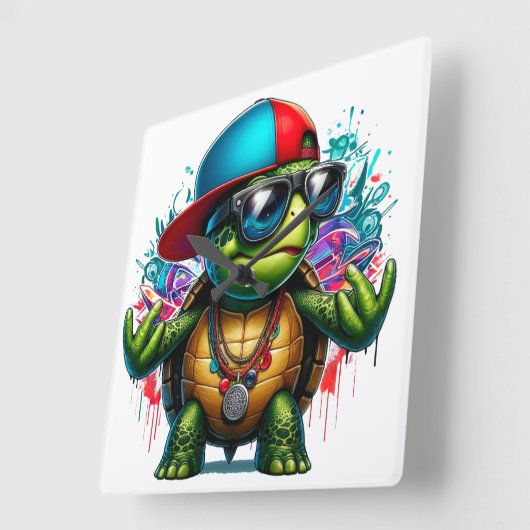 Cool Turtle Hip Hop Vierkante Klok (Hoek)
