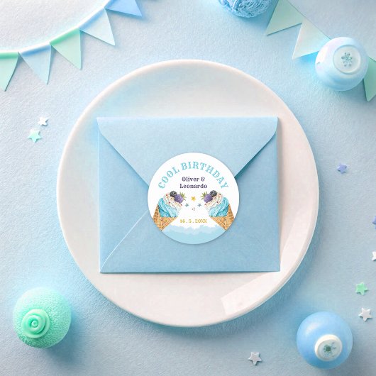 Cool Twins Ice Cream Boys Verjaardagspapier Bord Ronde Sticker