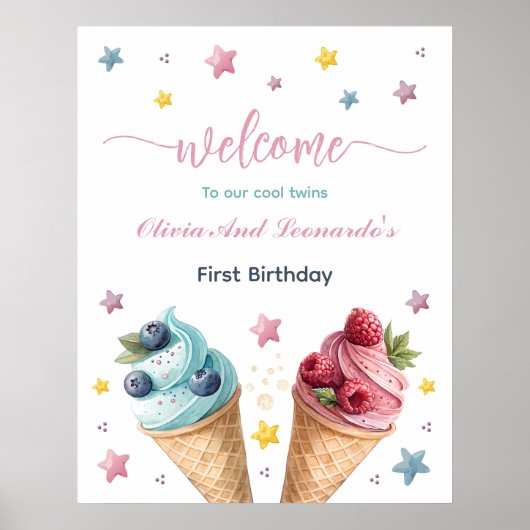 Cool Twins Ice Cream Verjaardagsfeestje Welkom Poster (Voorkant)