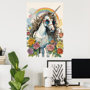 Cool Unicorn Vibes: zonnebrillen, regenbogen en Ro Poster