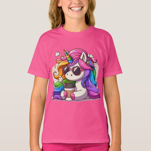 Cool Unicorn with Sunglasses and Coffee T-shirt (Voorkant)