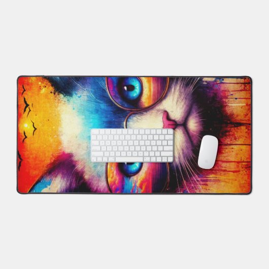 Cool Vibrant Illustrated Cat Desk Mat (Keyboard & Muis)