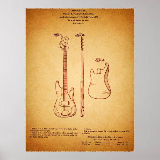 Cool Vintage Uiterlijk Bekende Basgitaar Octrooi Poster (Voorkant)