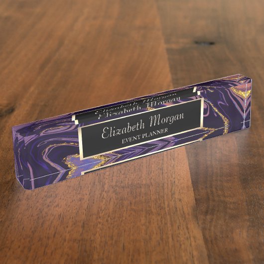 Cool Violet Gold Marble Texture Naambordje (Zijkant)