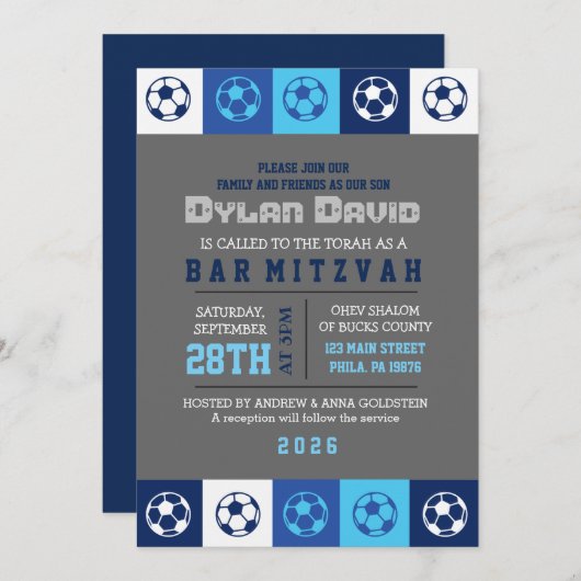 COOL VOETBAL Blauwe Bar Bat Mitzvah Uitnodiging (Voorkant / Achterkant)