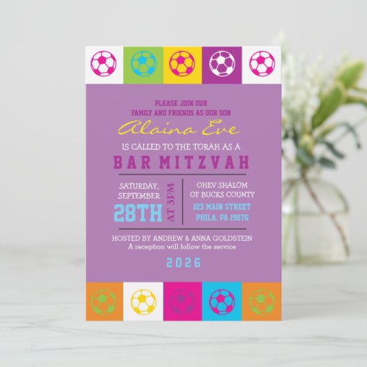 COOL VOETBAL Neon Bar Bat Mitzvah Uitnodiging (Staand voorkant)