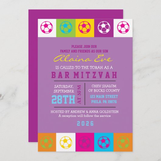 COOL VOETBAL Neon Bar Bat Mitzvah Uitnodiging (Voorkant / Achterkant)