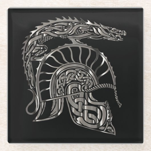 Cool Warrior Metallic Drakenhelm Glazen Onderzetter (Voorkant)