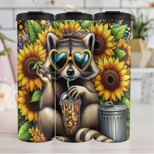 Cool Wasbeer met ijskoffie en zonnebloemen Thermosbeker