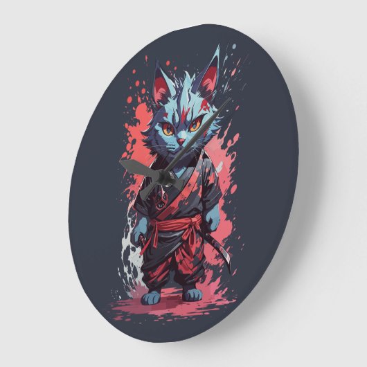 Cool Waterverf Grey Ninja Cat Warrior Grote Klok (Hoek)