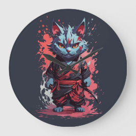 Cool Waterverf Grey Ninja Cat Warrior Grote Klok