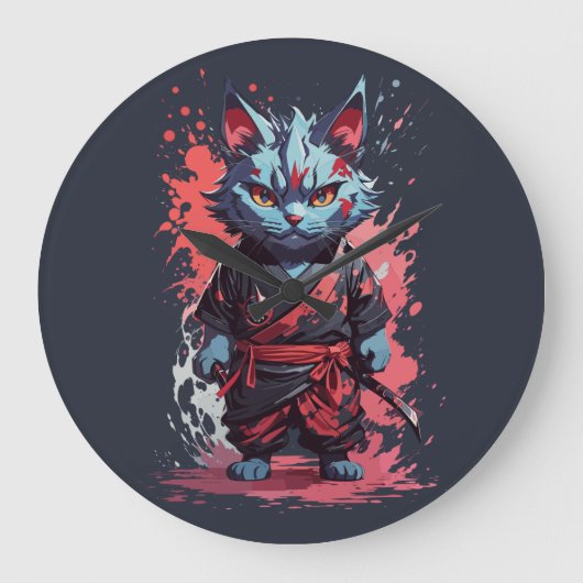 Cool Waterverf Grey Ninja Cat Warrior Grote Klok (Voorkant)