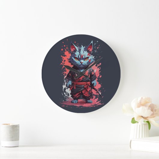 Cool Waterverf Grey Ninja Cat Warrior Grote Klok (Huis)