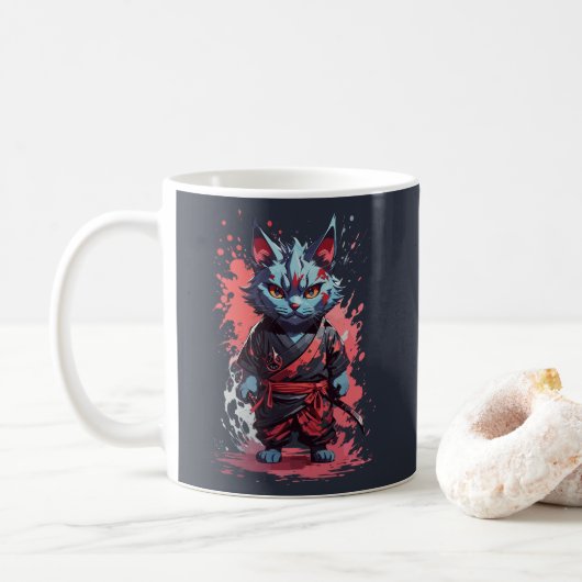 Cool Waterverf Grey Ninja Cat Warrior Koffiemok (Met donut)