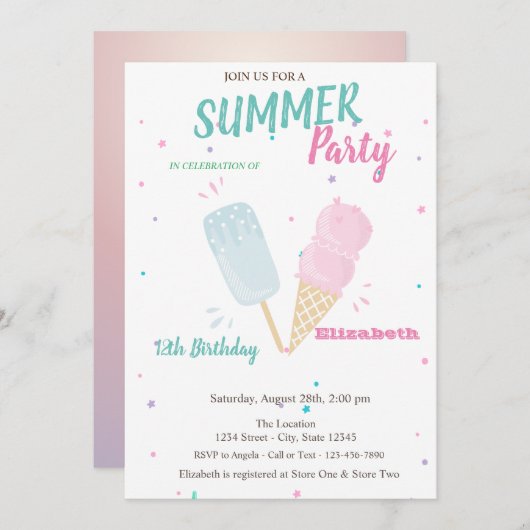Cool Waterverf Ice creams Summer Birthday Party Kaart (Voorkant / Achterkant)