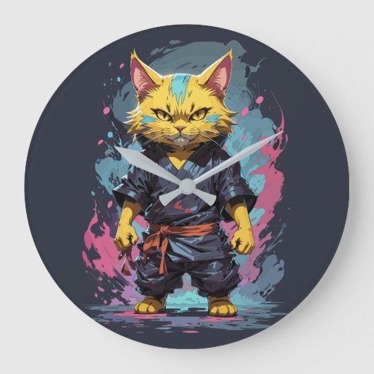 Cool Waterverf Yellow Ninja Cat Warrior Grote Klok (Voorkant)