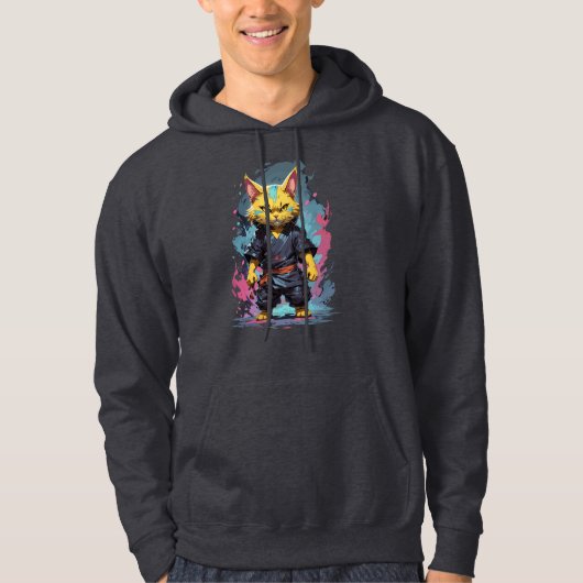 Cool Waterverf Yellow Ninja Cat Warrior Hoodie (Voorkant)