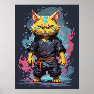 Cool Waterverf Yellow Ninja Cat Warrior Poster
