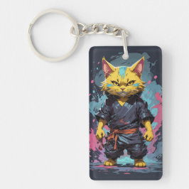 Cool Waterverf Yellow Ninja Cat Warrior Sleutelhanger