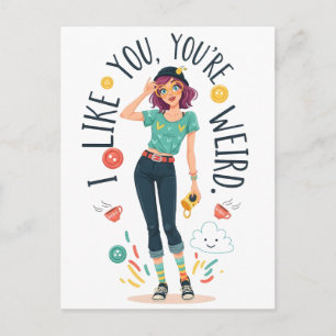Cool Weird Meisje Illustratie Ik Hou Van Jou Eigen Briefkaart