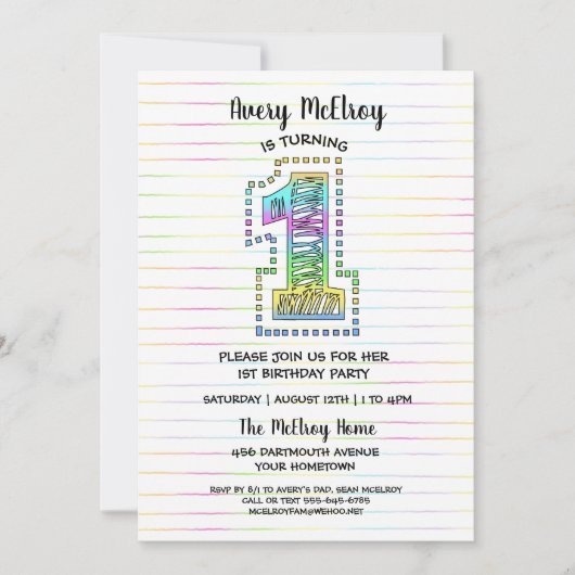 Cool Whimsical Fun 1st Birthday Party Invitation Kaart (Voorkant)