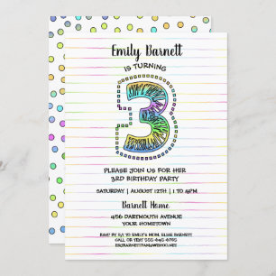 Cool Whimsical Fun 3rd Birthday Party Invitation Kaart
