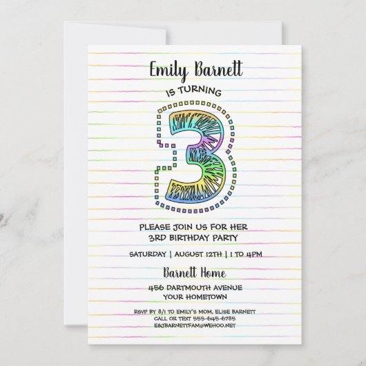 Cool Whimsical Fun 3rd Verjaardag Uitnodiging (Voorkant)