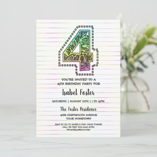 Cool Whimsical Fun 4e verjaardag Uitnodiging (Staand voorkant)