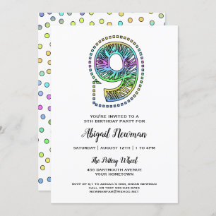 Cool Whimsical Fun 9th Birthday Party Invitation Kaart