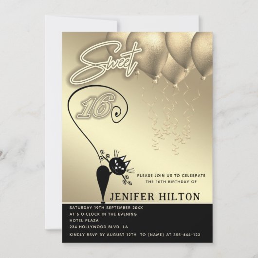 Cool whimsy cat zwart gouden ballon zoet 16 kaart (Voorkant)