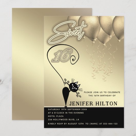 Cool whimsy cat zwart gouden ballon zoet 16 kaart (Voorkant / Achterkant)