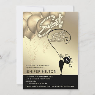 Cool whimsy cat zwart gouden ballon zoet 16 kaart
