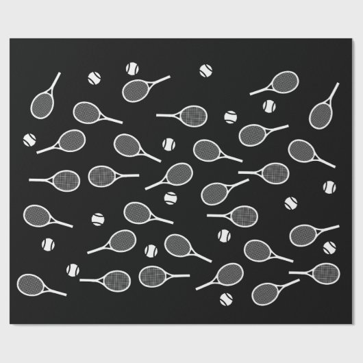 Cool White Retro Tennis Racquets Pattern Black Cadeaupapier (Vlak)
