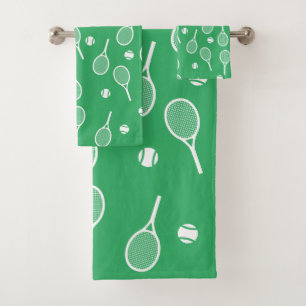 Cool White Retro Tennis Racquets Pattern Green Bad Handdoek