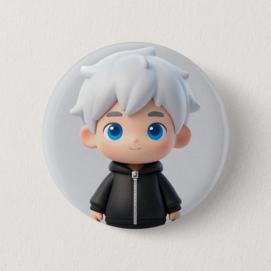 Cool Wit Haar Chibi Jongen Blauwe Ogen Streetwear Ronde Button 5,7 Cm (Voorkant)