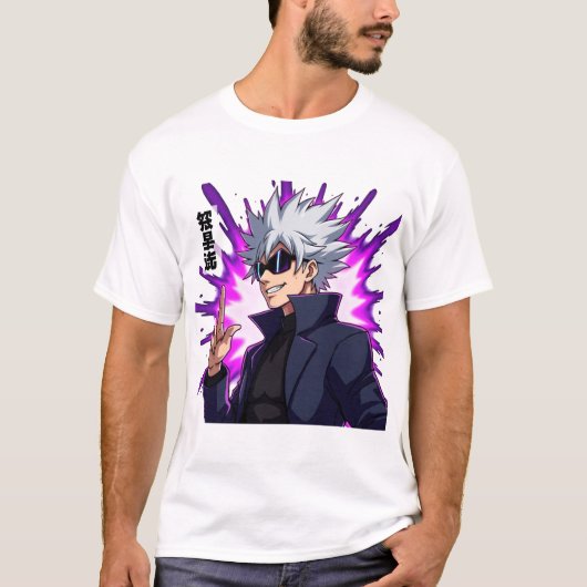 Cool Wit-Haired Anime karakter met zonnebril T-shirt (Voorkant)