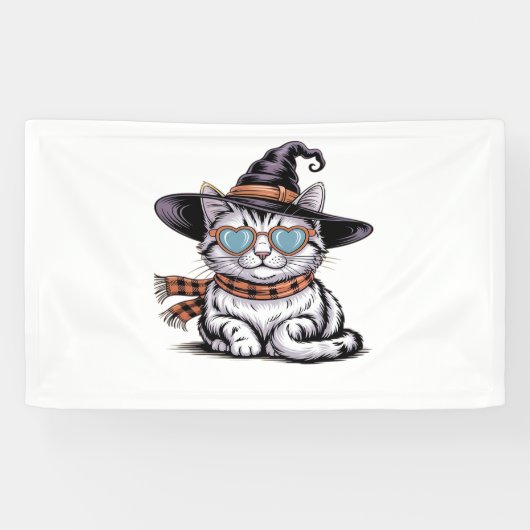 Cool Witch Cat – Schattige Halloween Kat met Heart Spandoek (Horizontaal)